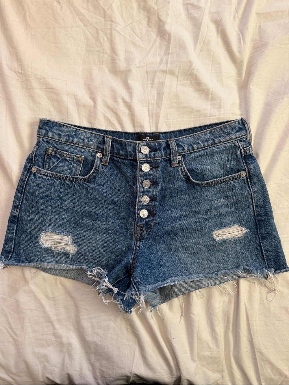 7 For All Mankind Mid-Rise Distressed Blue Denim Shorts